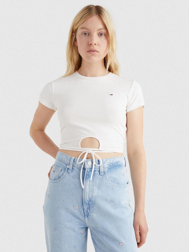 Női Tommy Hilfiger Ribbed Tie-Hem Crop Felsők Fehér | HU 505WNB